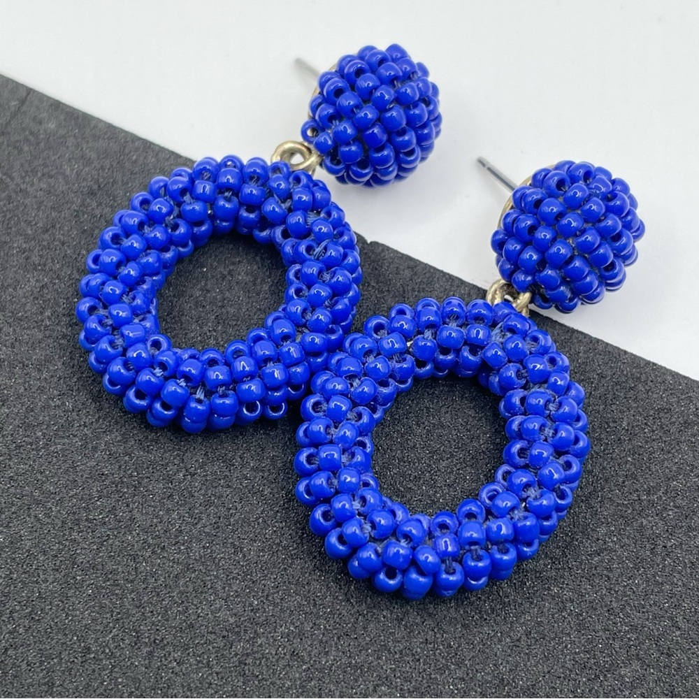 J.CREW Navy Sail Blue Circle Dot Seed Bead Dangle Fashion Post Earrings